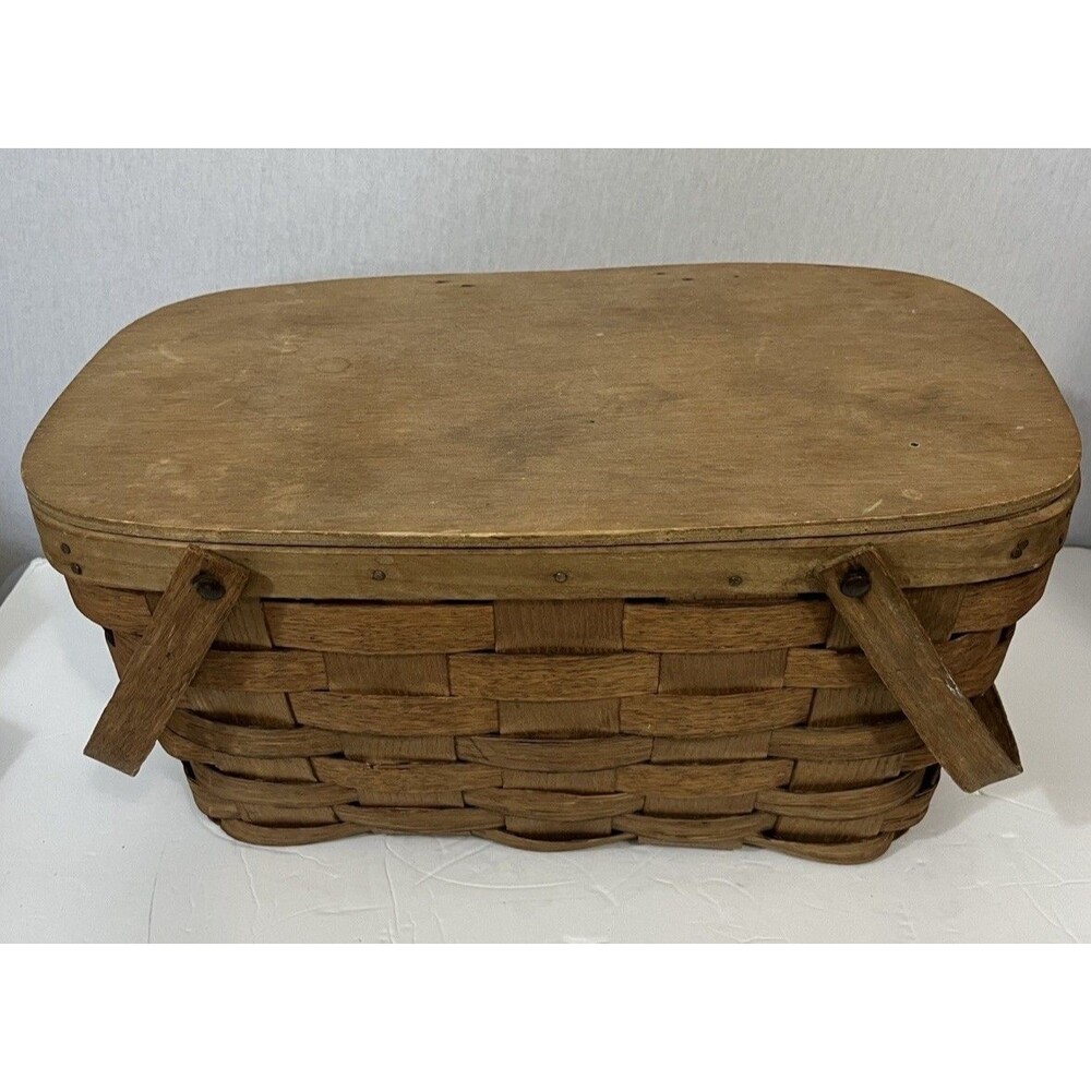 Vintage Basketville Putney Vermont Woven Wood Splint Picnic Basket With Lid
